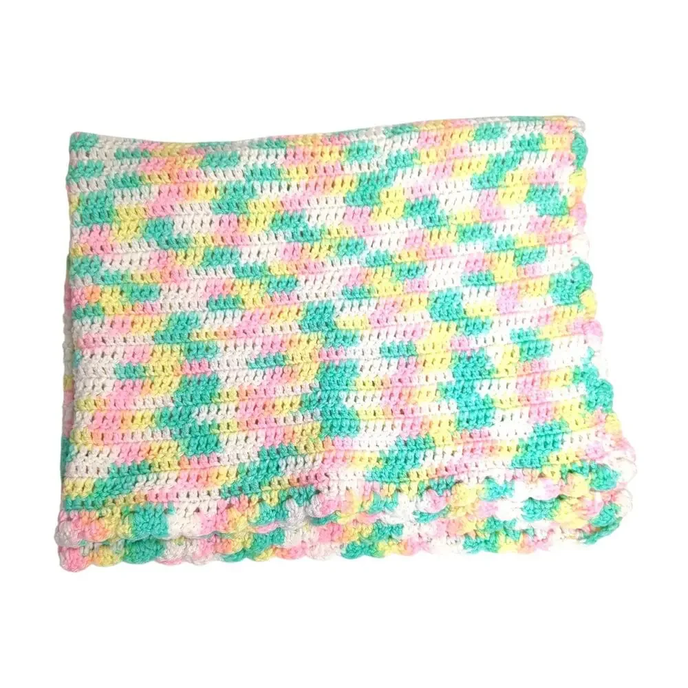 Hand-Crochet Pink, White, Yellow, Green, rectangle Baby Blanket Afghan 31